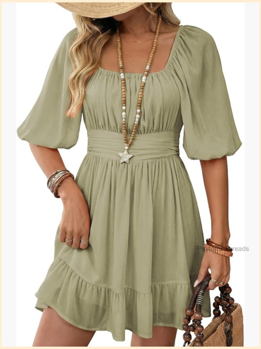 Square Neck Tie Back Lantern Sleeve Ruffle A-Line Mini Dress
